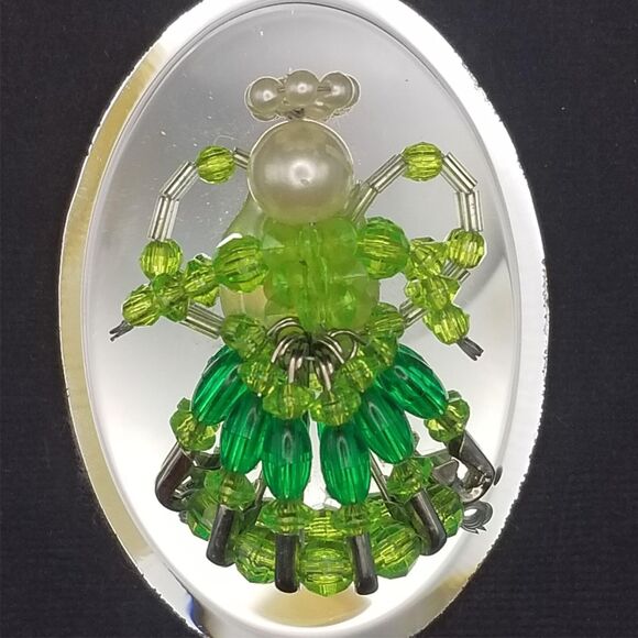 Vintage Beaded Green Angel Ornament Mirror 3" Pearl Handmade with Safety Pins - Picture 3 of 6